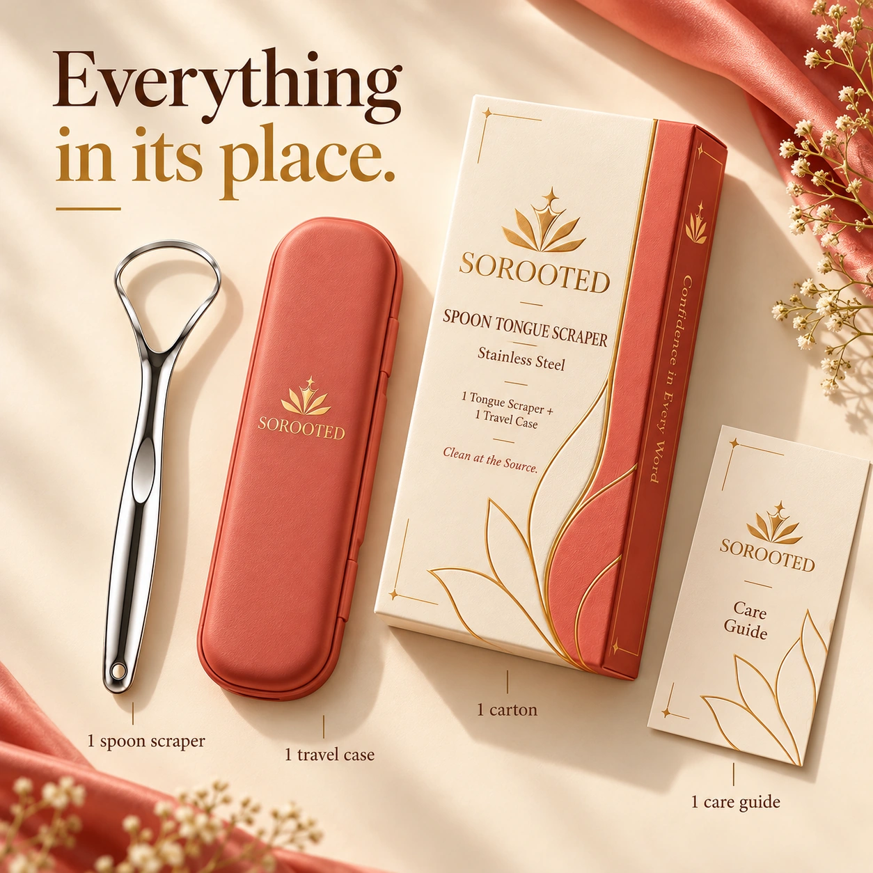 SOROOTED Spoon Tongue Scraper — pack contents artwork
