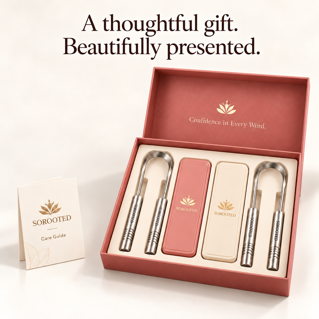 SOROOTED gift box with a blush box, two silver two-handle scrapers and blush and ivory cases