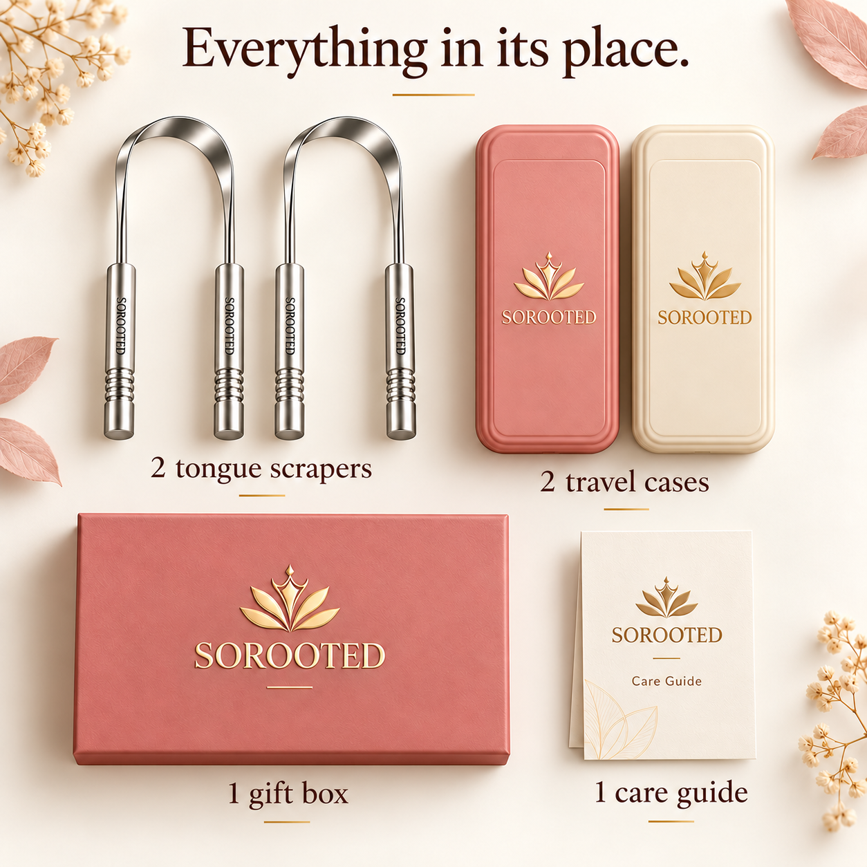 SOROOTED signature set showing two U-shaped two-handle scrapers, two cases and a care guide