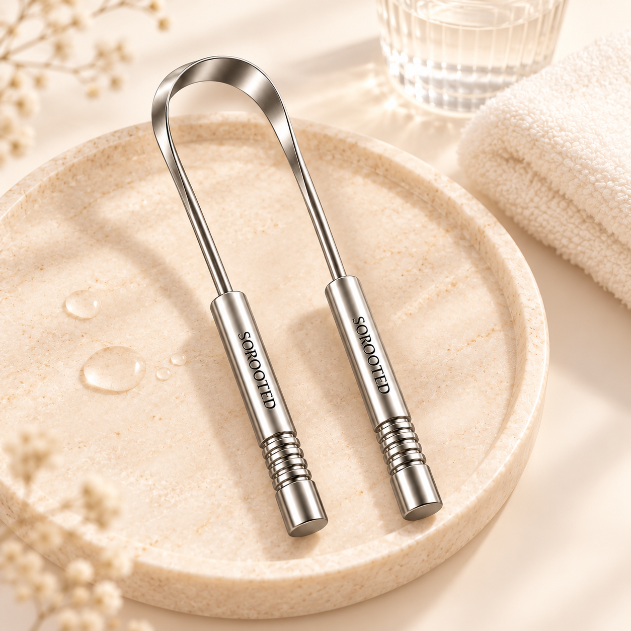 SOROOTED two-handle silver scraper on a stone tray beside a towel and rinse glass