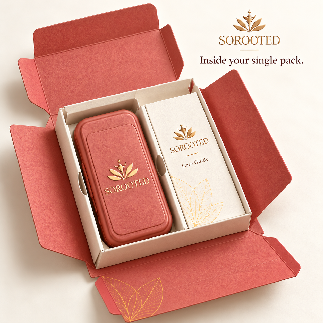 Inside one SOROOTED compact rose carton: an ivory paperboard insert holding one rose rectangular travel case and one ivory care guide