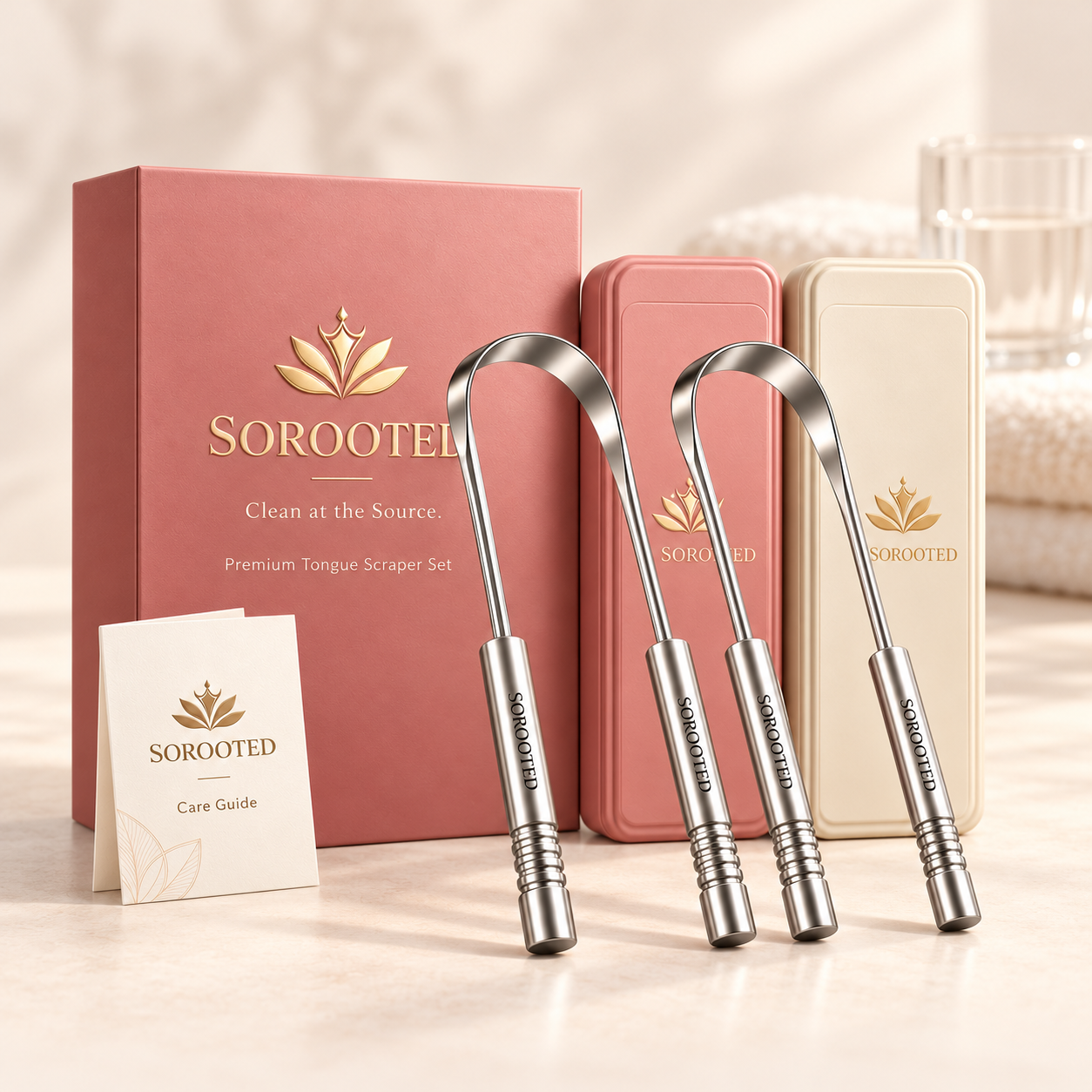 Full SOROOTED set: two silver U-shaped two-handle scrapers, two travel cases and a blush gift box on warm ivory