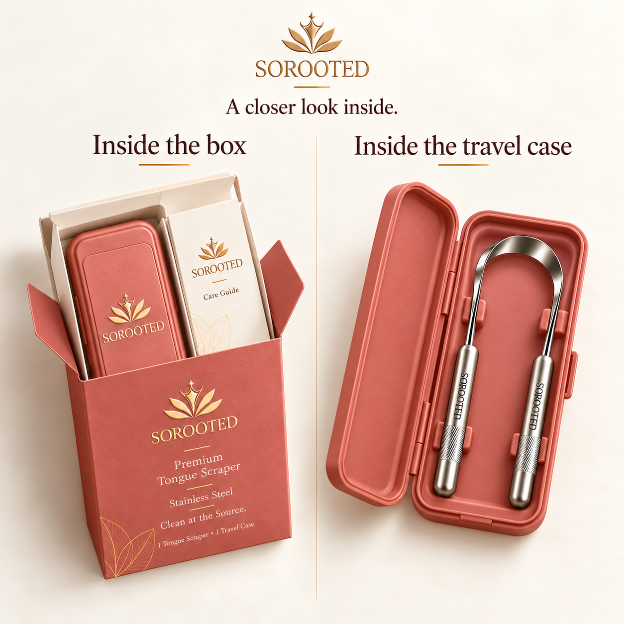 Two views of the same SOROOTED single pack: the open compact carton with one rose travel case and ivory care guide, and the open travel case holding one stainless steel tongue scraper