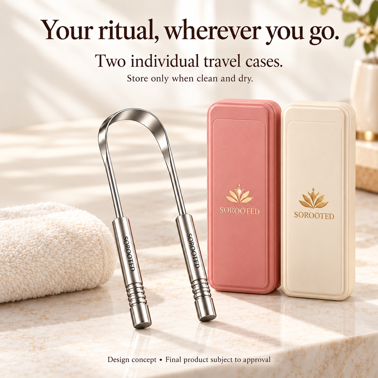 One silver U-shaped two-handle scraper alongside blush and ivory travel case concepts