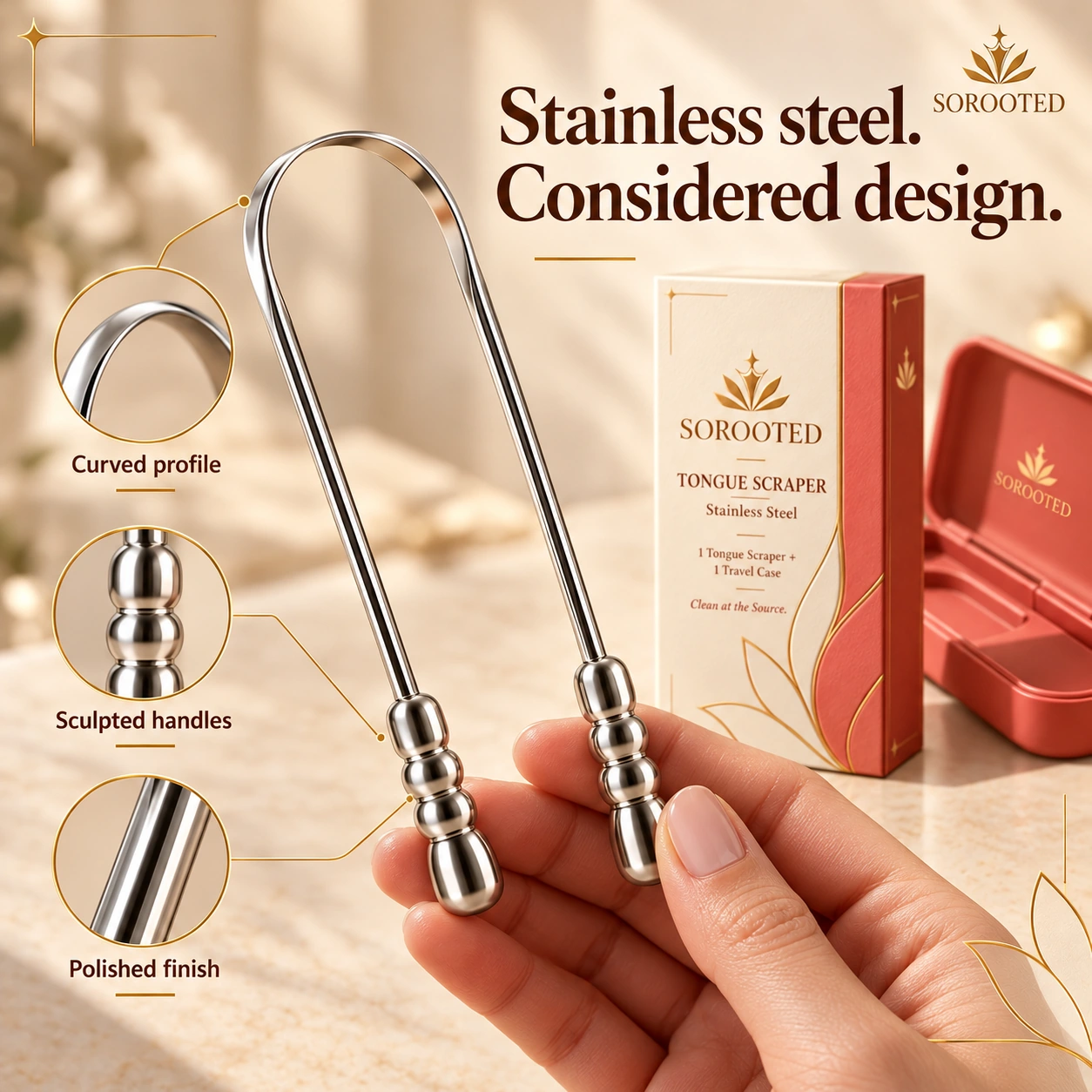 SOROOTED U-shaped Tongue Scraper — steel & shape artwork