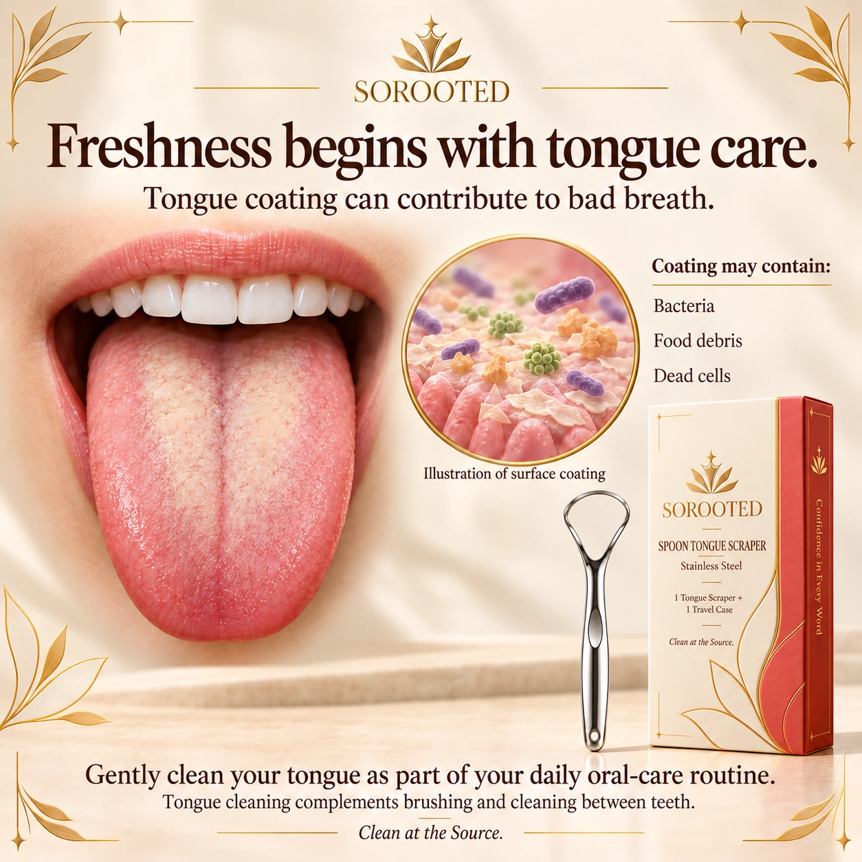 SOROOTED Spoon Tongue Scraper — tongue care artwork